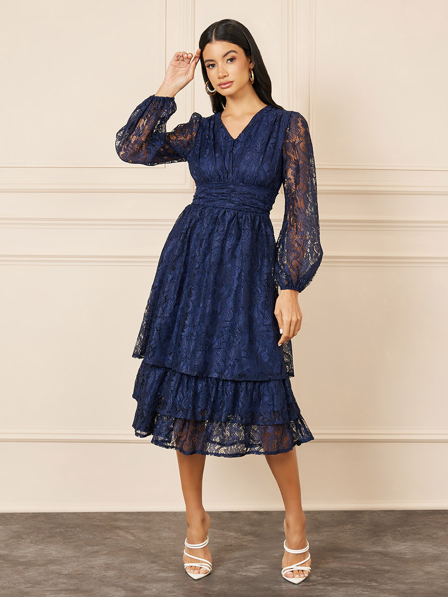 Lace Overlay Layered Midi Dress For Women at Bahrain Styli