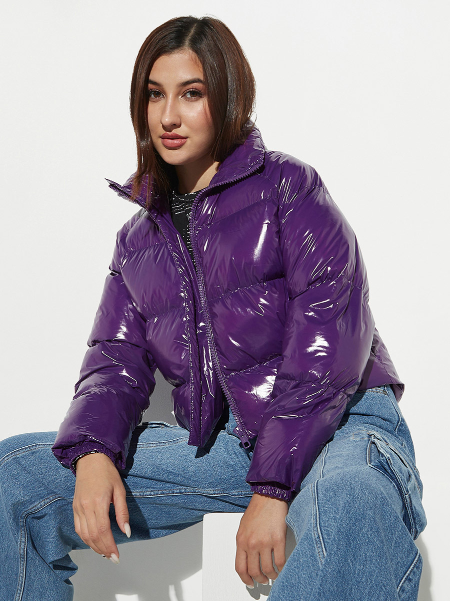 High Neck Cropped Puffer Jacket with Zip Closure For Women at