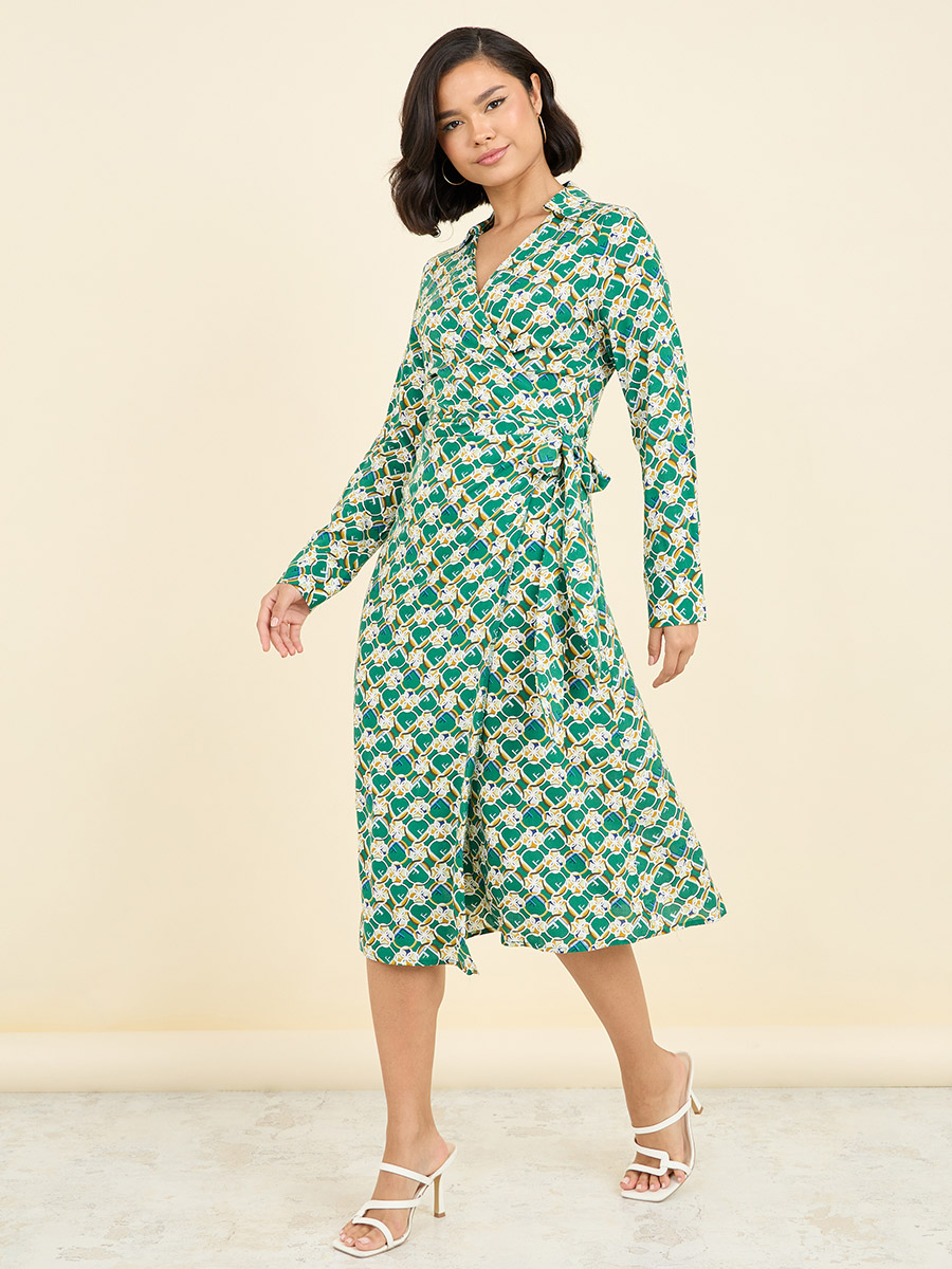 All Over Print Self Tie Up Collared Wrap Midi Dress For Women at