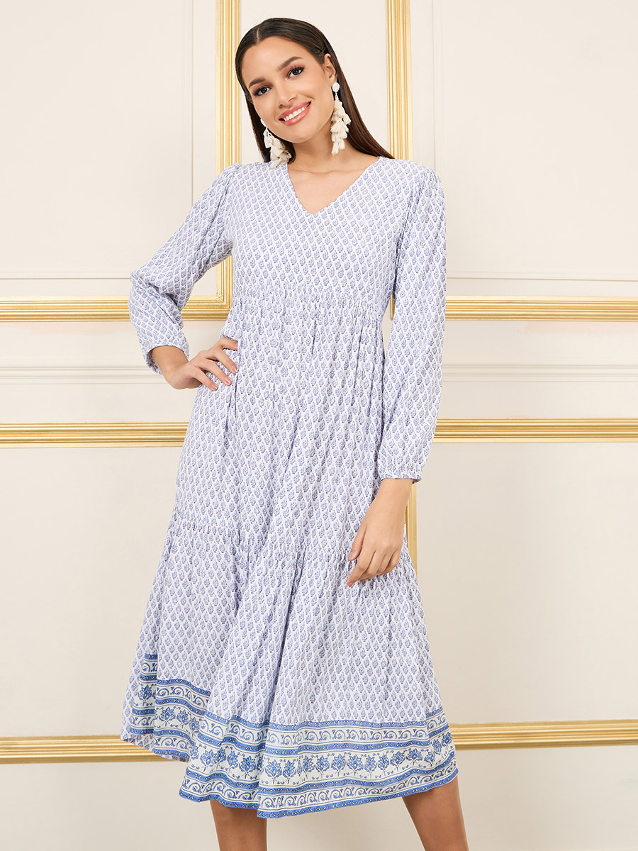 Buy All Over Print Tiered Midi Shift Dress White For Women