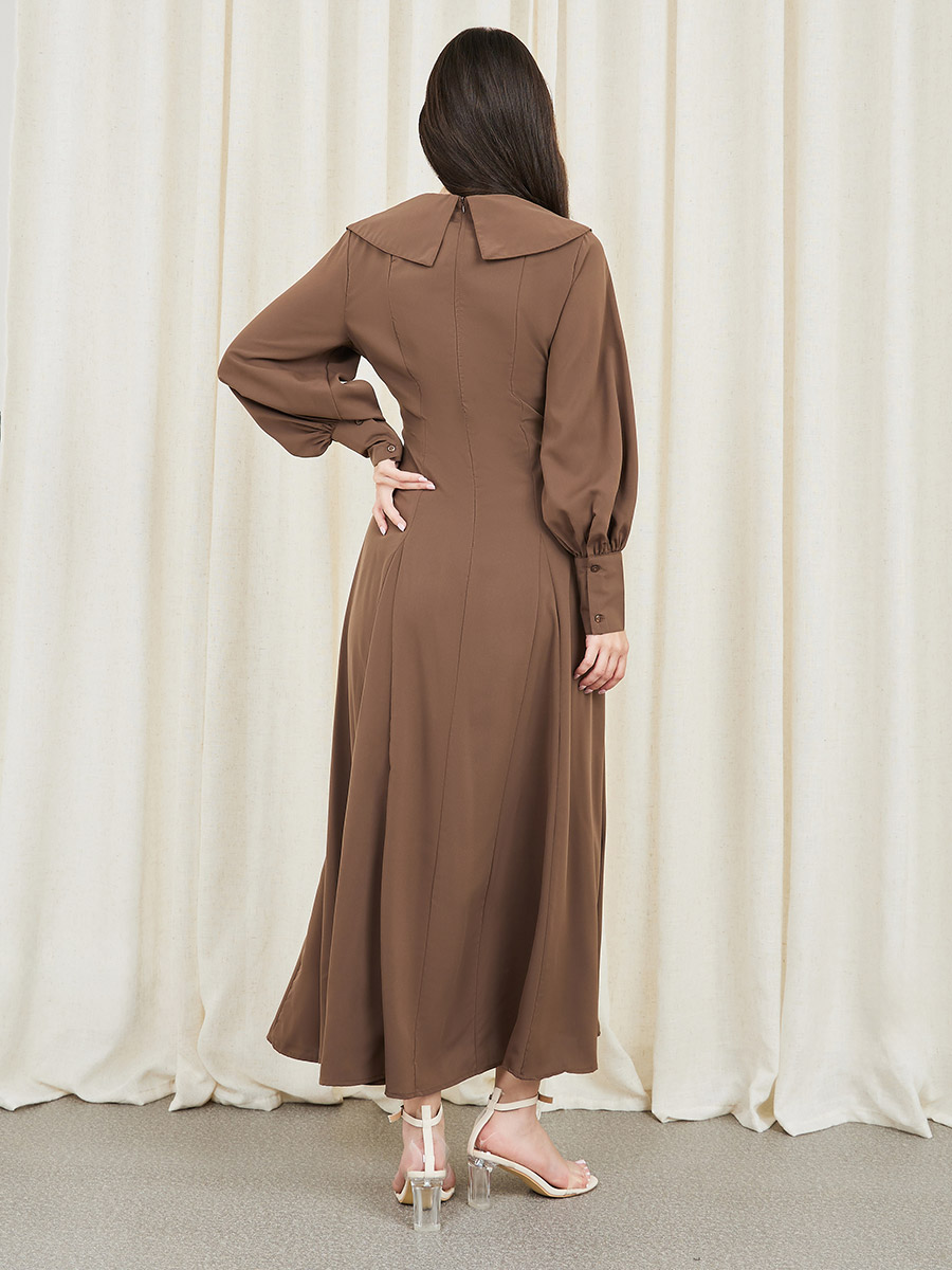Buy Peter Pan Collar A-Line Maxi Dress Brown For Women Styli Bahrain