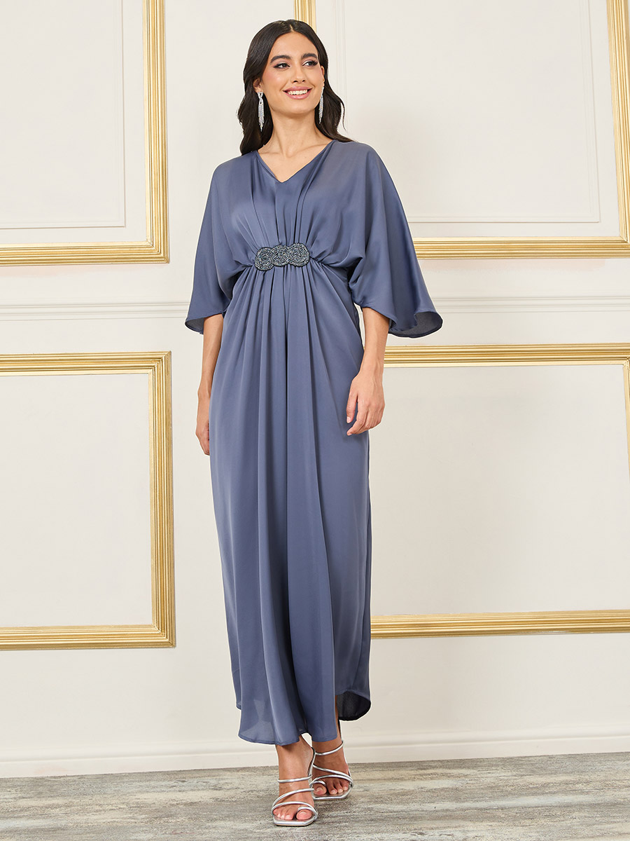 Embellished Gathered Detail Batwing Sleeves A-Line Maxi Dress For