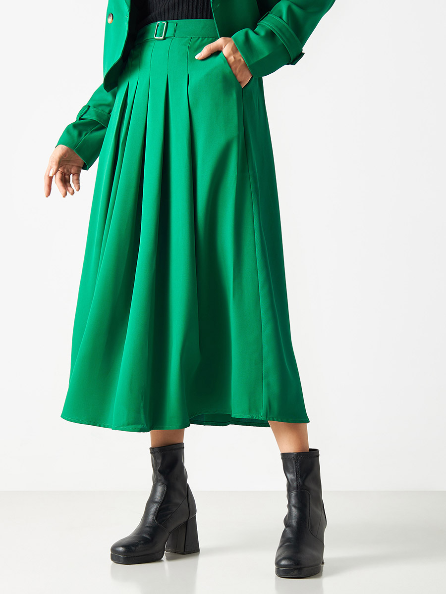 Buy Fold Pleated Midi Skirt with Belt Detail and Pocket Green For