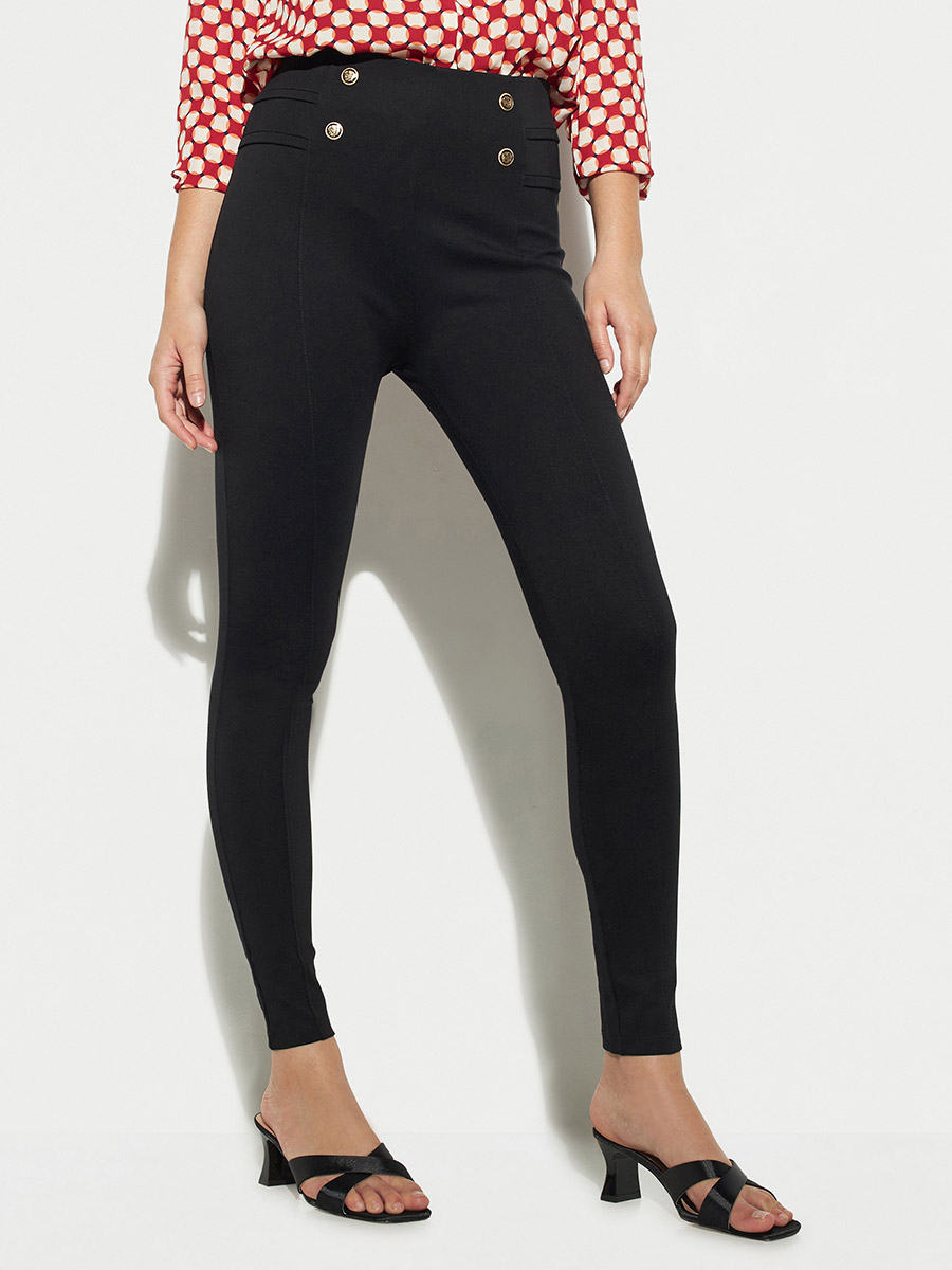 Solid Ponte Pants with Button Accents