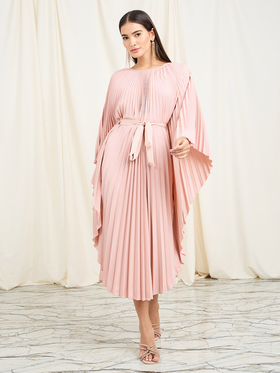 Accordion Pleats Handkerchief Hem Midi Dress with Tie Belt