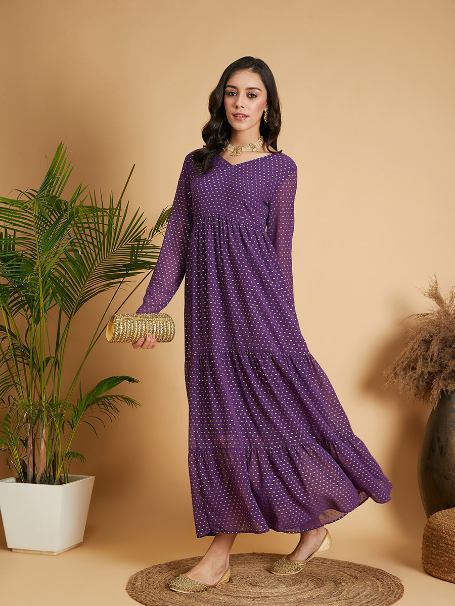 Buy Foil Print Tiered Maxi Dress Purple For Women | Styli Saudi