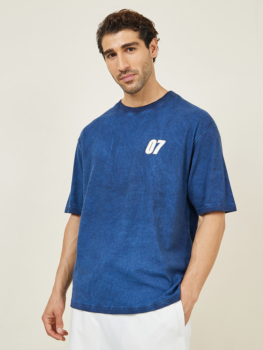 Buy Oversized Acid Washed Varsity Graphic Print T-shirt Navy