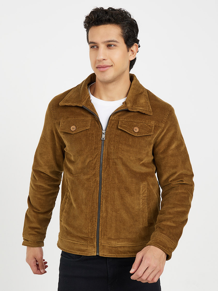 Detachable Faux Fur Collar Corduroy Jacket with Flap Pockets For