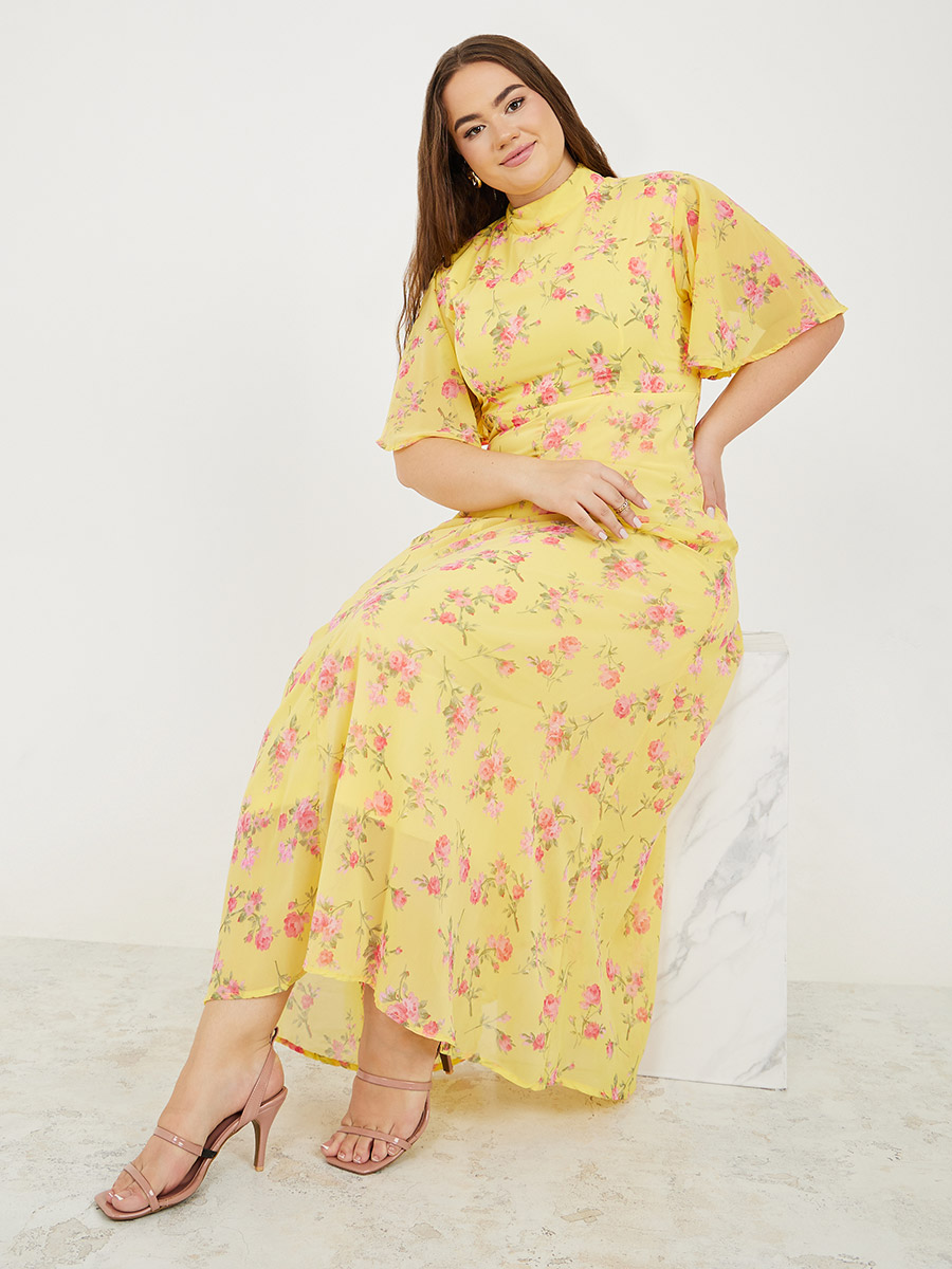 Buy Plus Floral Print High Neck A-Line Maxi Dress Yellow For Women ...