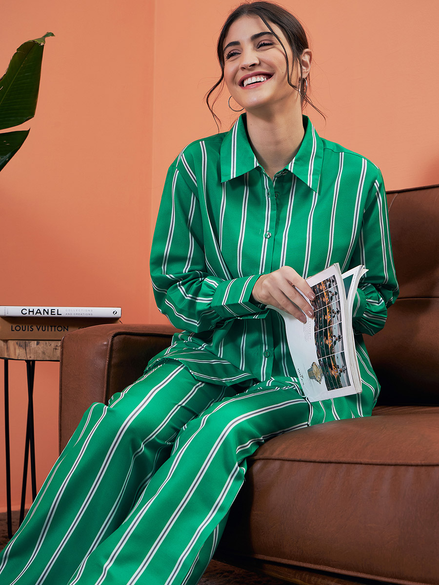 Buy Striped Shirt Straight Pyjama Set Green For Women Styli Saudi