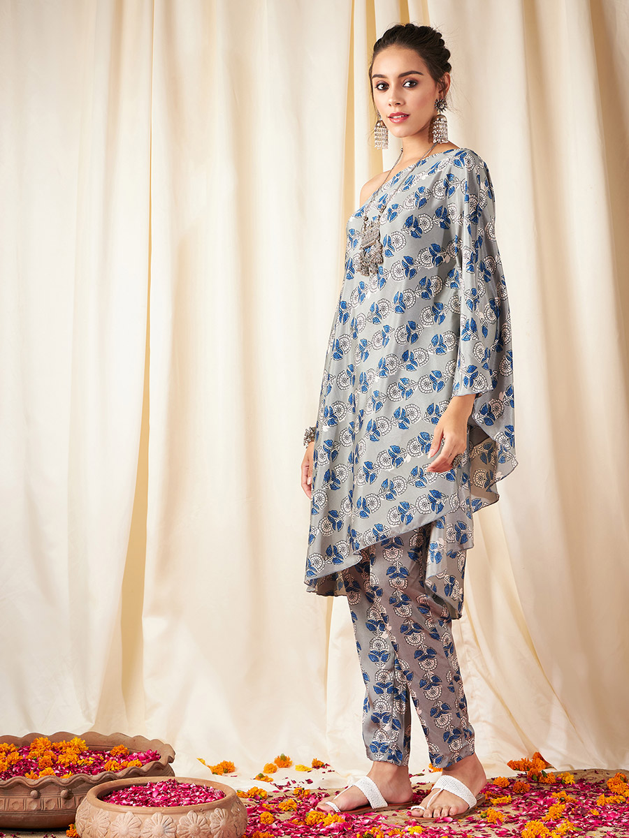 Buy Floral Print One Shoulder Kaftan Top Grey For Women