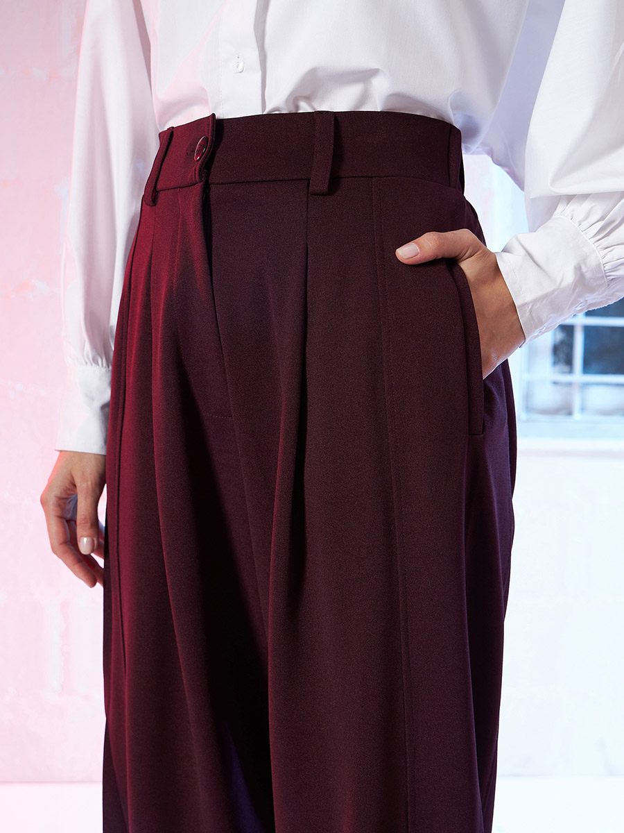 Buy Button Hem Darted Balloon Pants Burgundy For Women