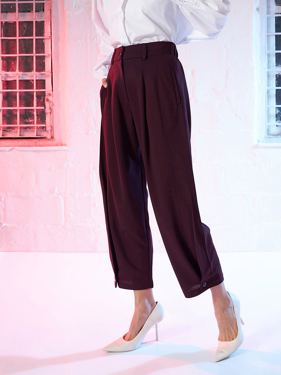 Buy Button Hem Darted Balloon Pants Burgundy For Women