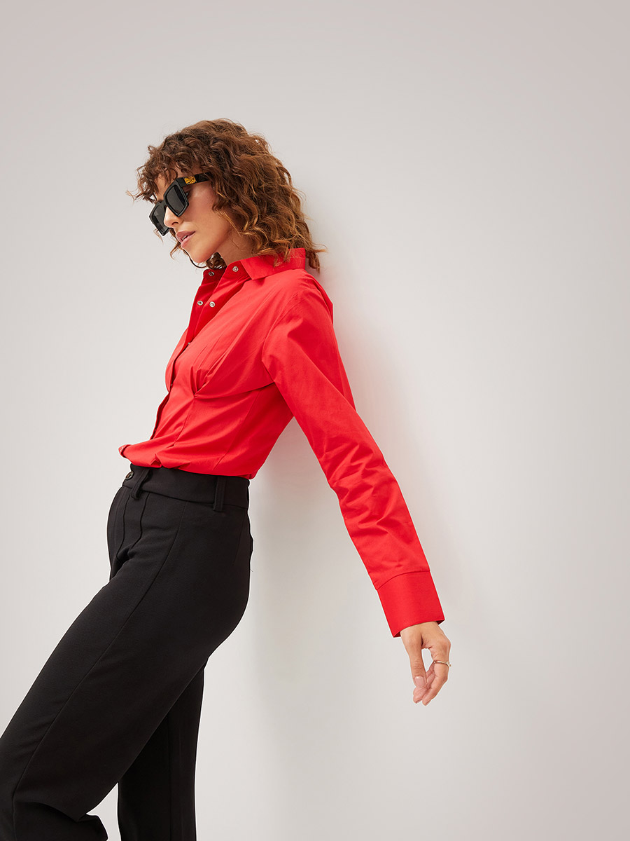 Buy Pleated Detail Push Button Closure Shirt Red For Women