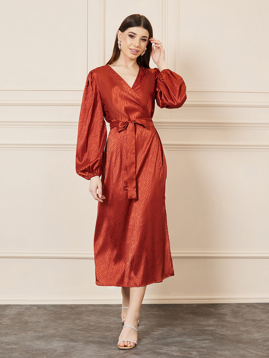 Satin Jacquard Print Wrap Midi Dress For Women at Saudi Styli