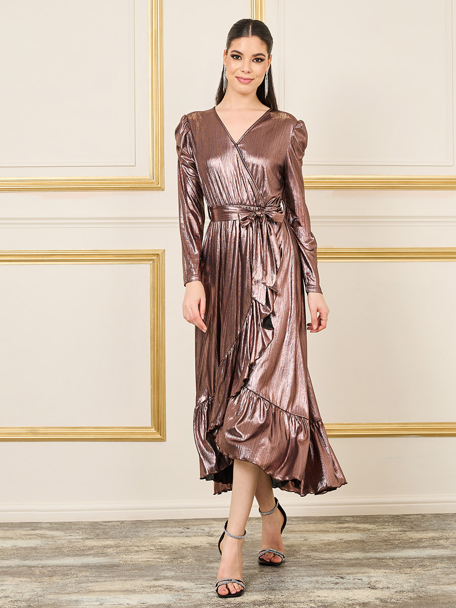 Metallic Ruffle Hem Self Tie Wrap Maxi Dress For Women at Saudi
