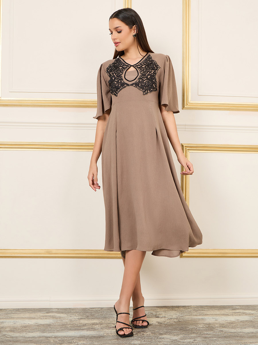 Embroidered Keyhole Neck A-Line Midi Dress For Women at Bahrain