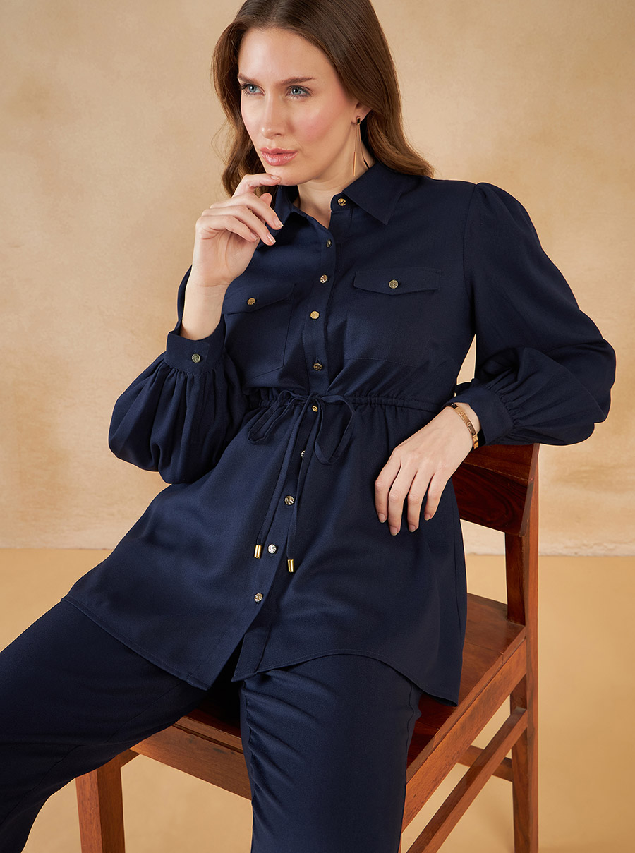 トップス Andequal drawstring tie tunic BLUE Solid Denim Cotton Two Piece Set Blue Front Tie Tunic Top