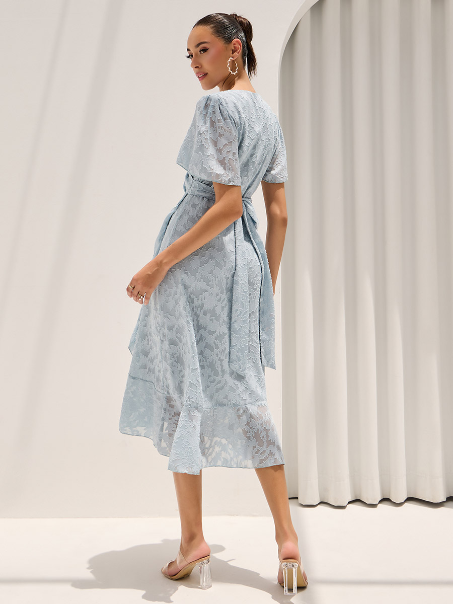 Buy Floral Jacquard Detail Wrap Midi Dress Light Blue For