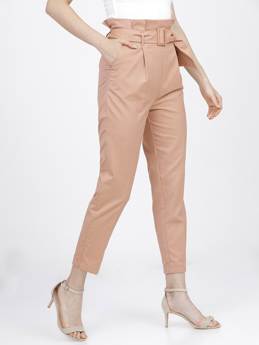 High Rise Belted Paper Bag Waist Tapered Trousers For Women at UAE