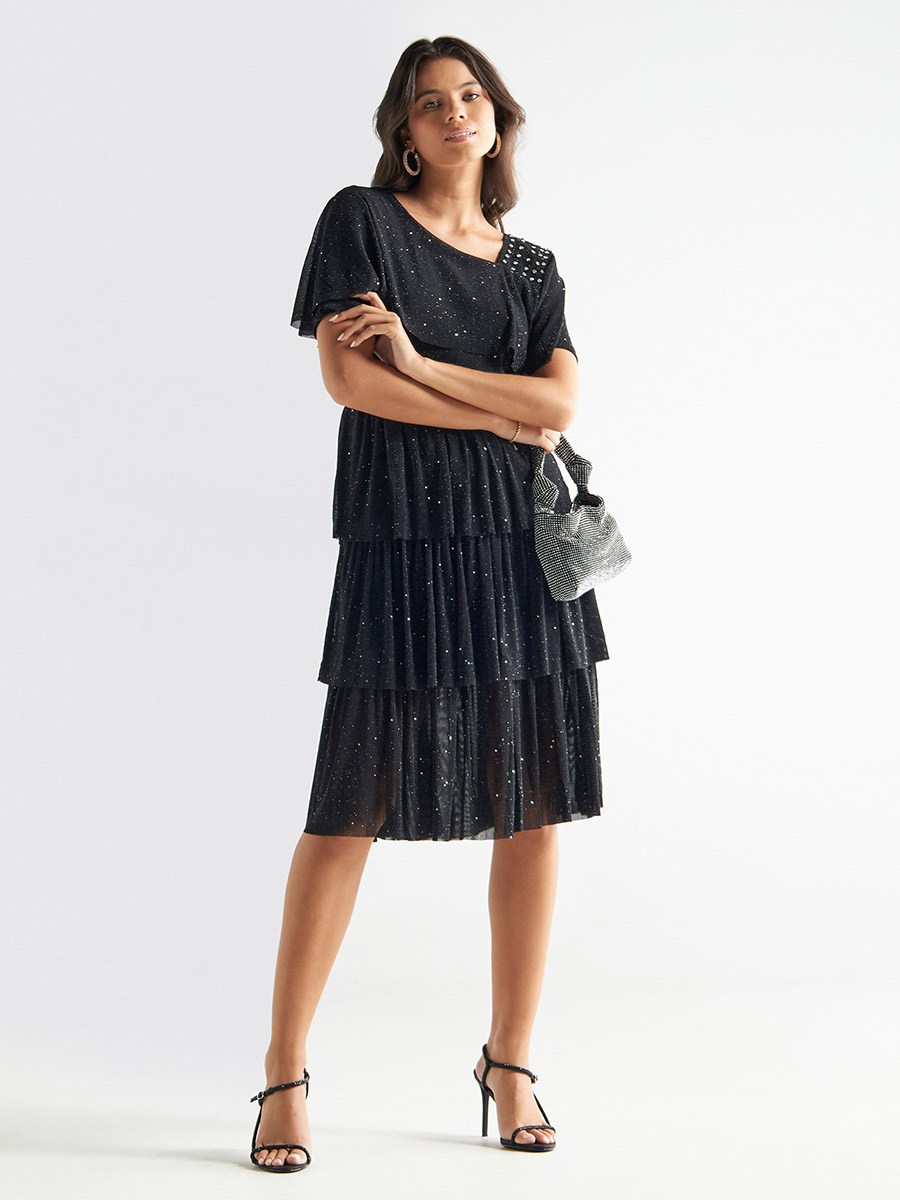 Buy Embellished Ruffle Detail Layered Knee Length Dress