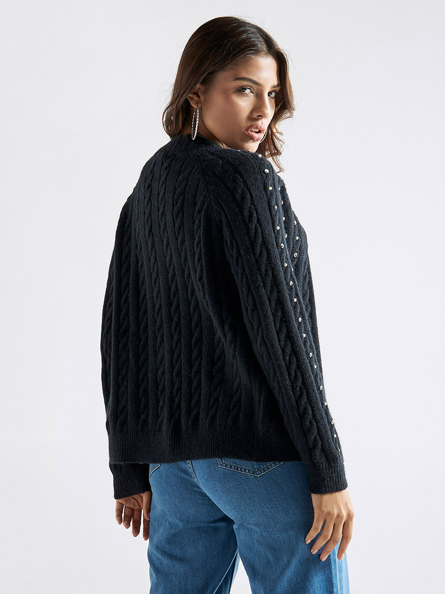 Buy Cable Knit Embellished Cardigan with Long Sleeves Black For Women Styli Saudi