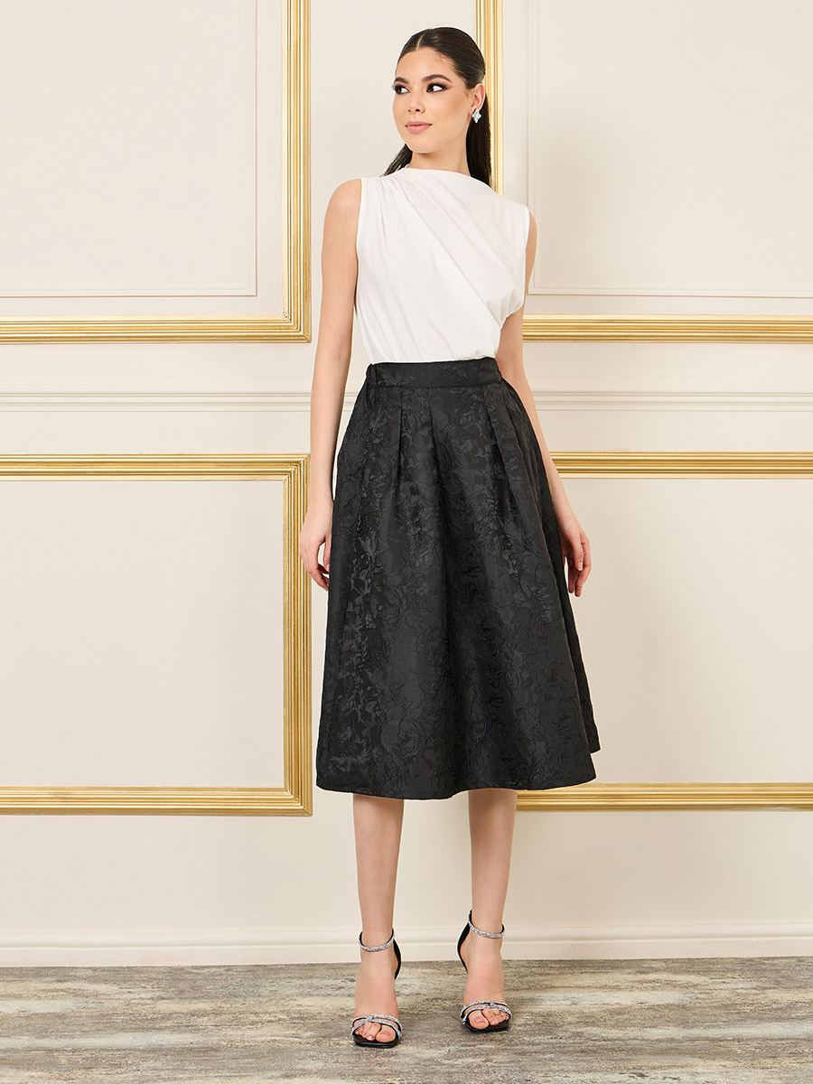 Buy Jacquard Box Pleated Skater Midi Skirt Black For Women