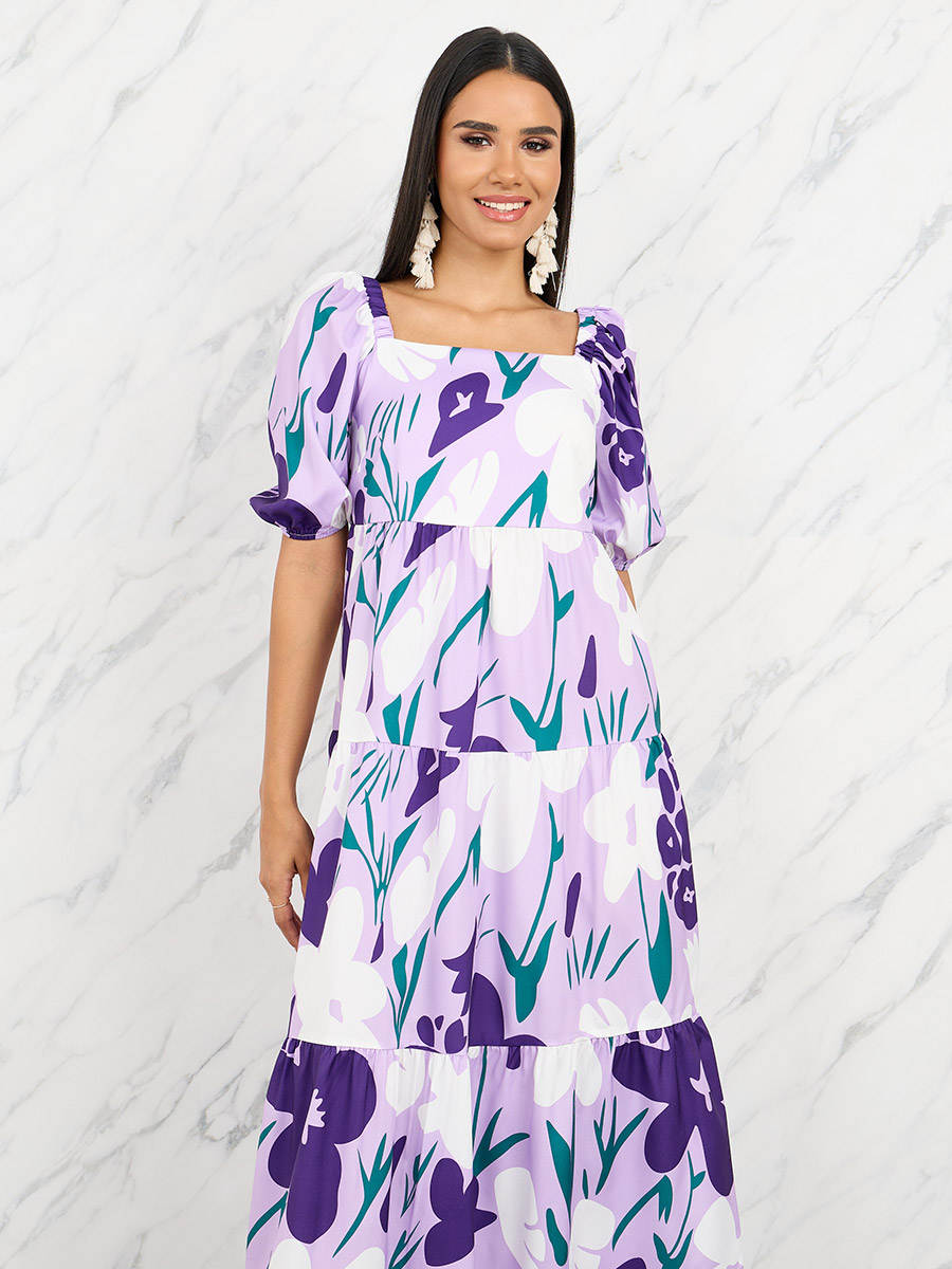 Buy Floral Print Square Neck Puff Sleeve Midi Dress Purple