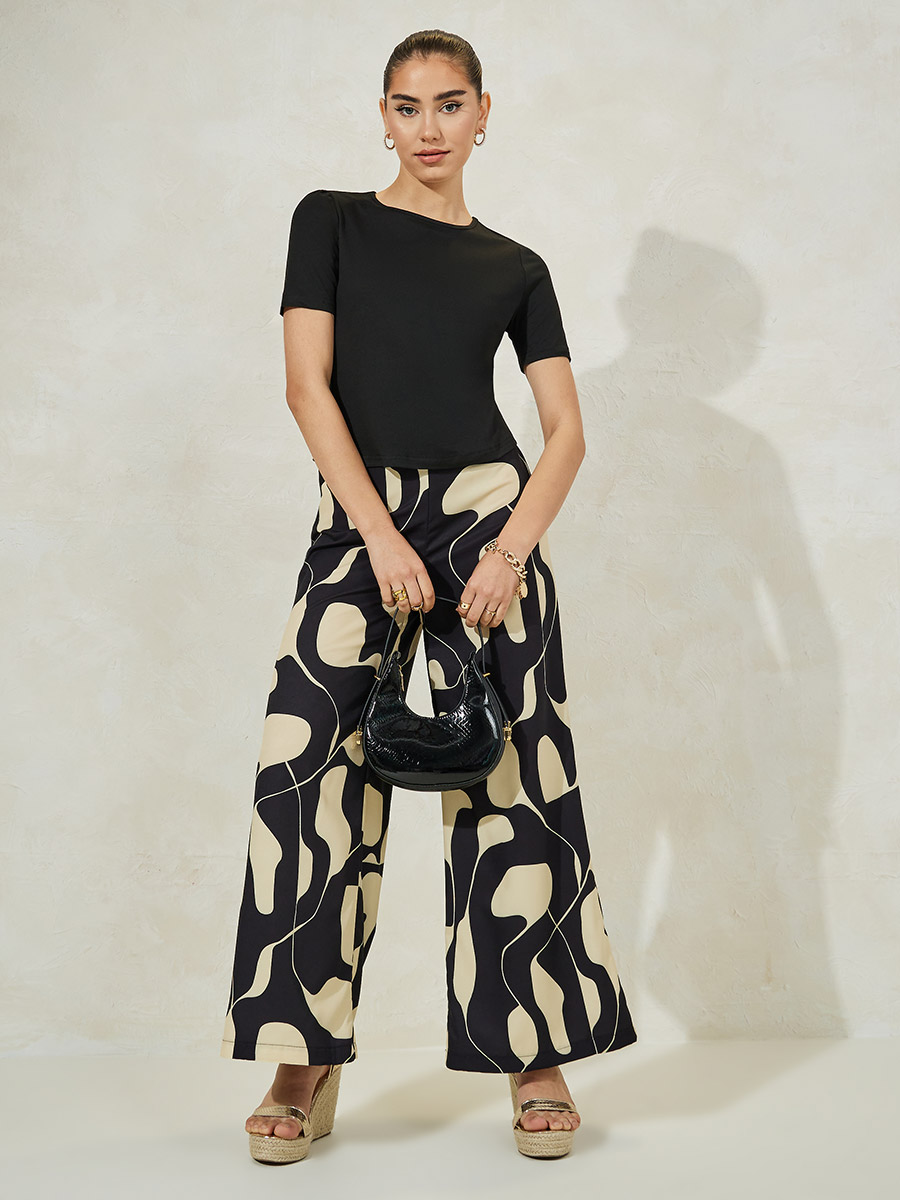 VIP【関税送料無料】希少 O BIANI PRINTED SILK TROUSERS Buy Draped Wide Leg Pants with Pintuck Brown For Women