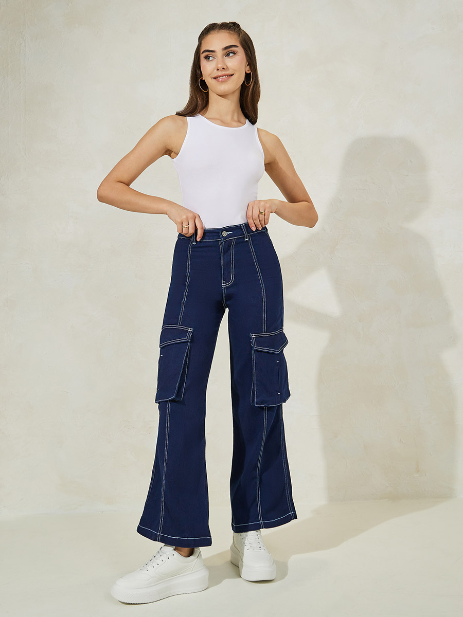 Cargo Pocket Jeans with Contrast Stitch Detail For Women at