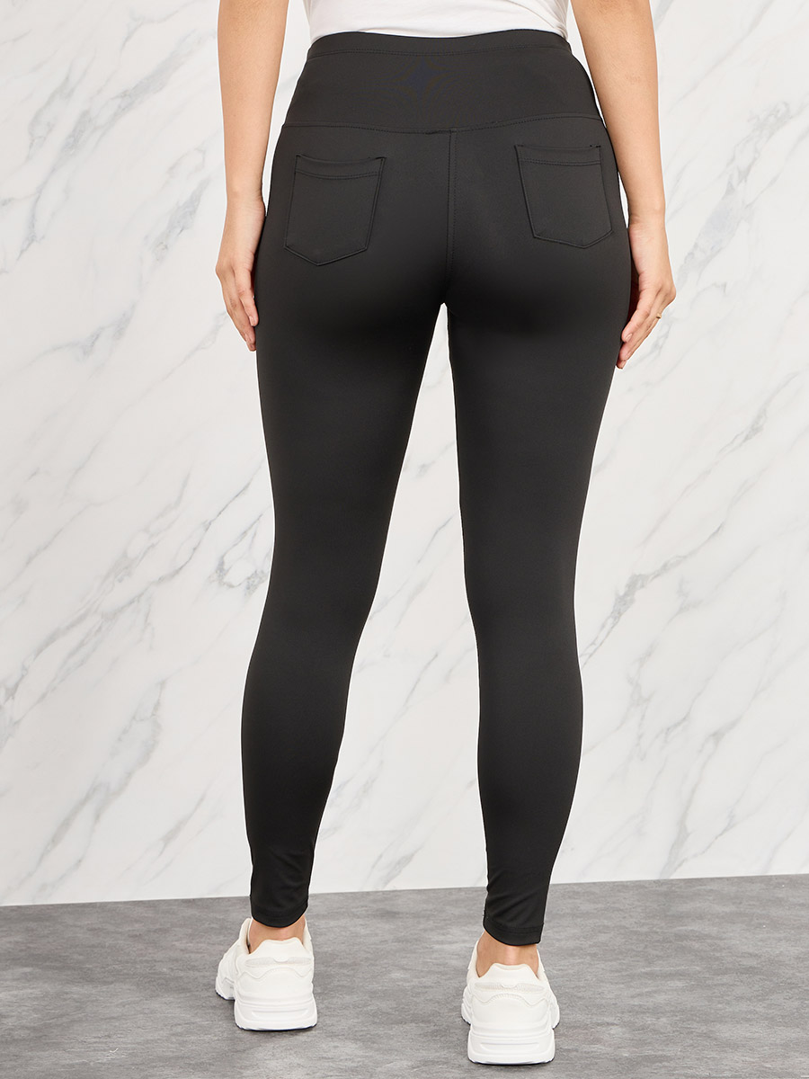Buy Solid Back Pocket Detail Leggings Black For Women Styli Kuwait