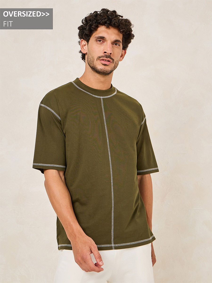 Buy Contrast Overlock Stitch Detail Oversized Cotton Rich T