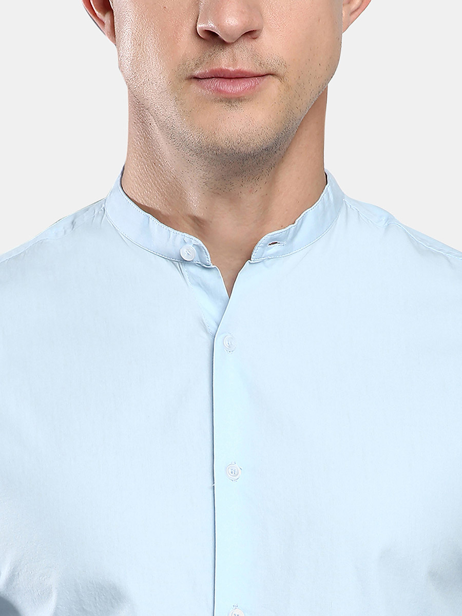 Men's Mandarin Collar Striped Brown Slim Fit Shirt