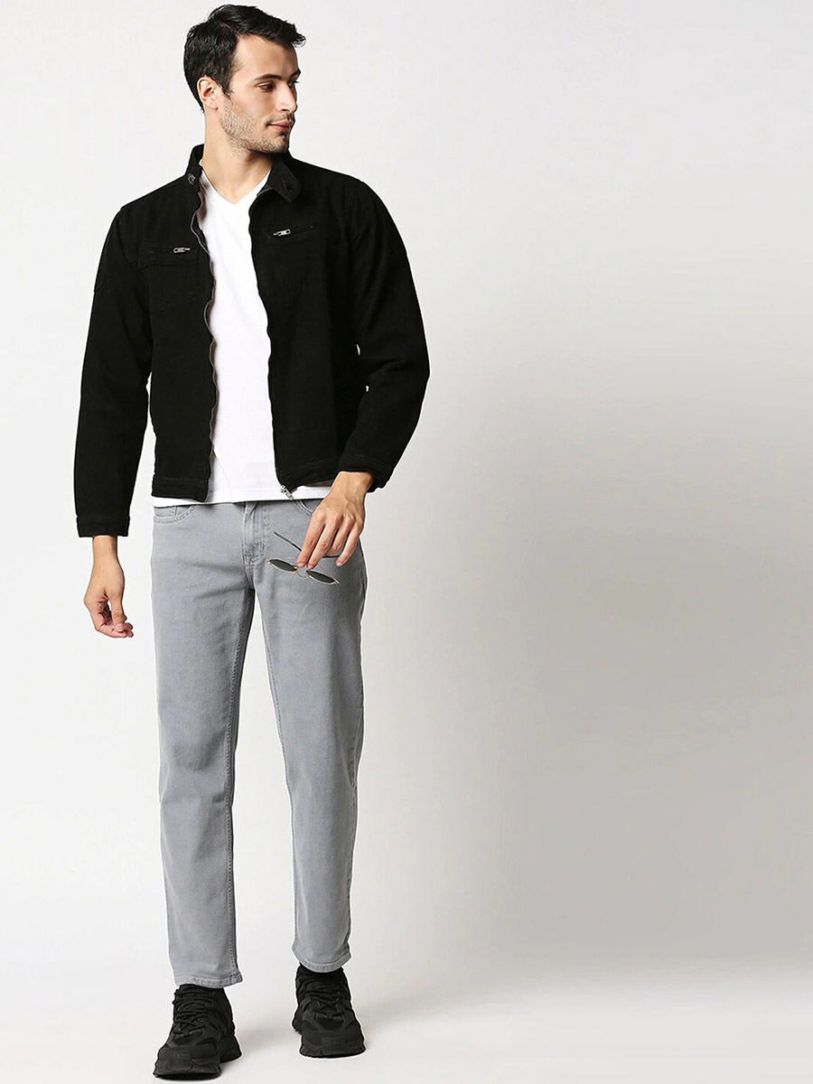 Buy High Neck Denim Jacket with Zip Closure Black For Men