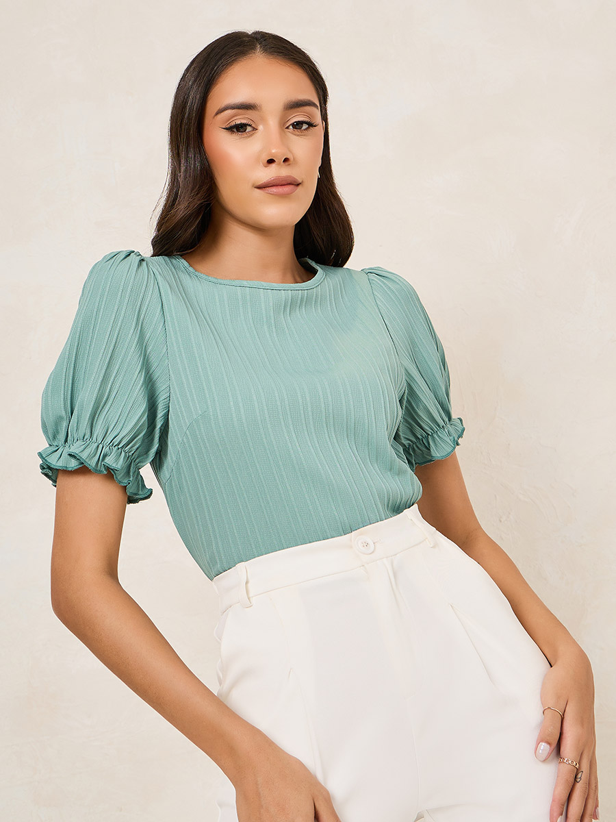 Textured Puff Sleeves Regular Fit Top For Women at UAE Styli