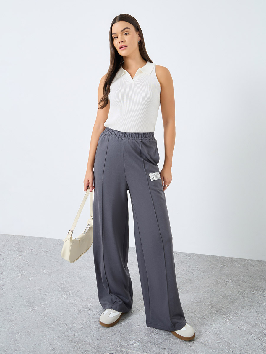 Buy High Rise Wide Leg Pintuck Jogger with Badge Detail