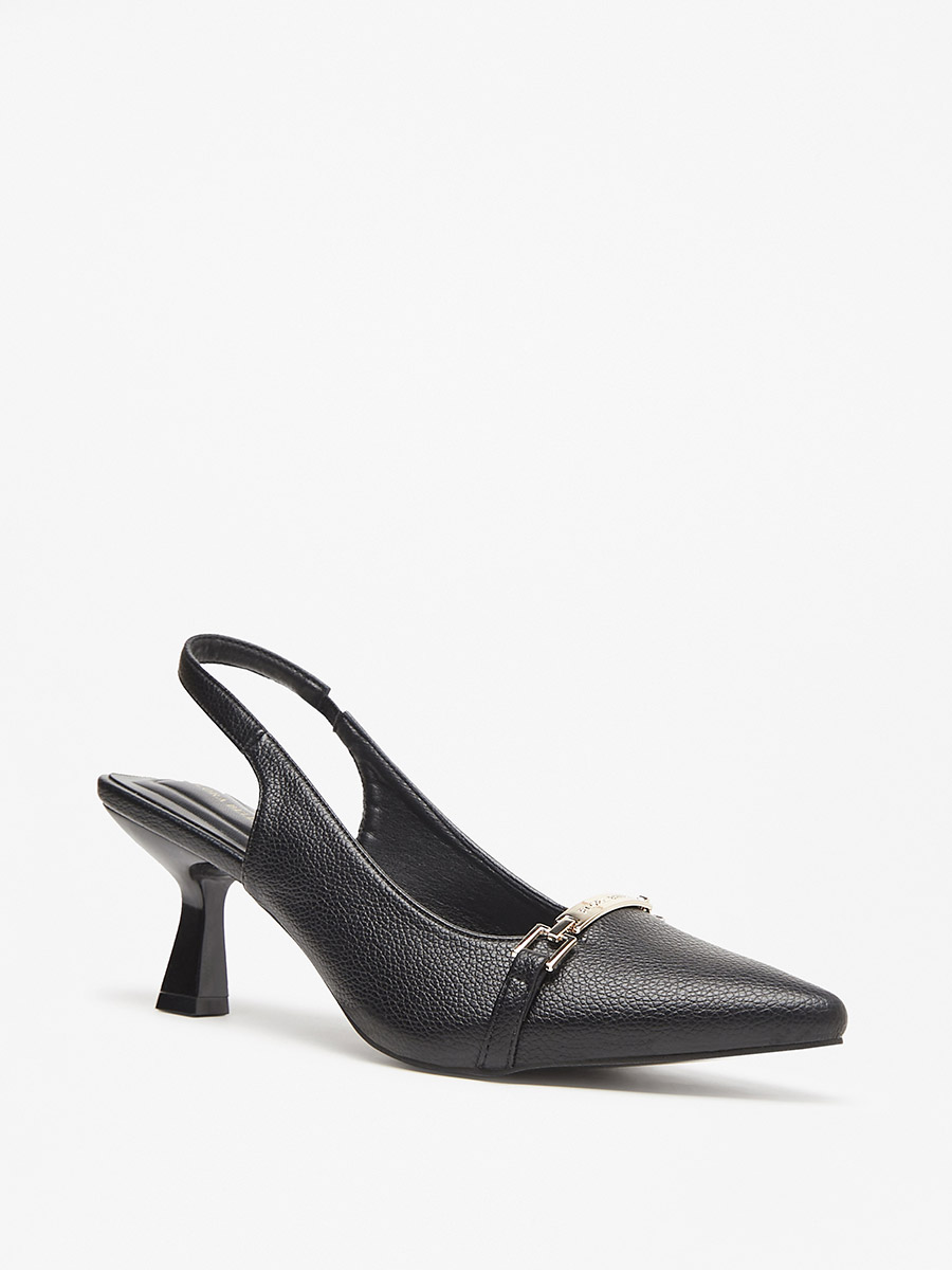 Textured Metal Accent Slingback Kitten Heel Pumps