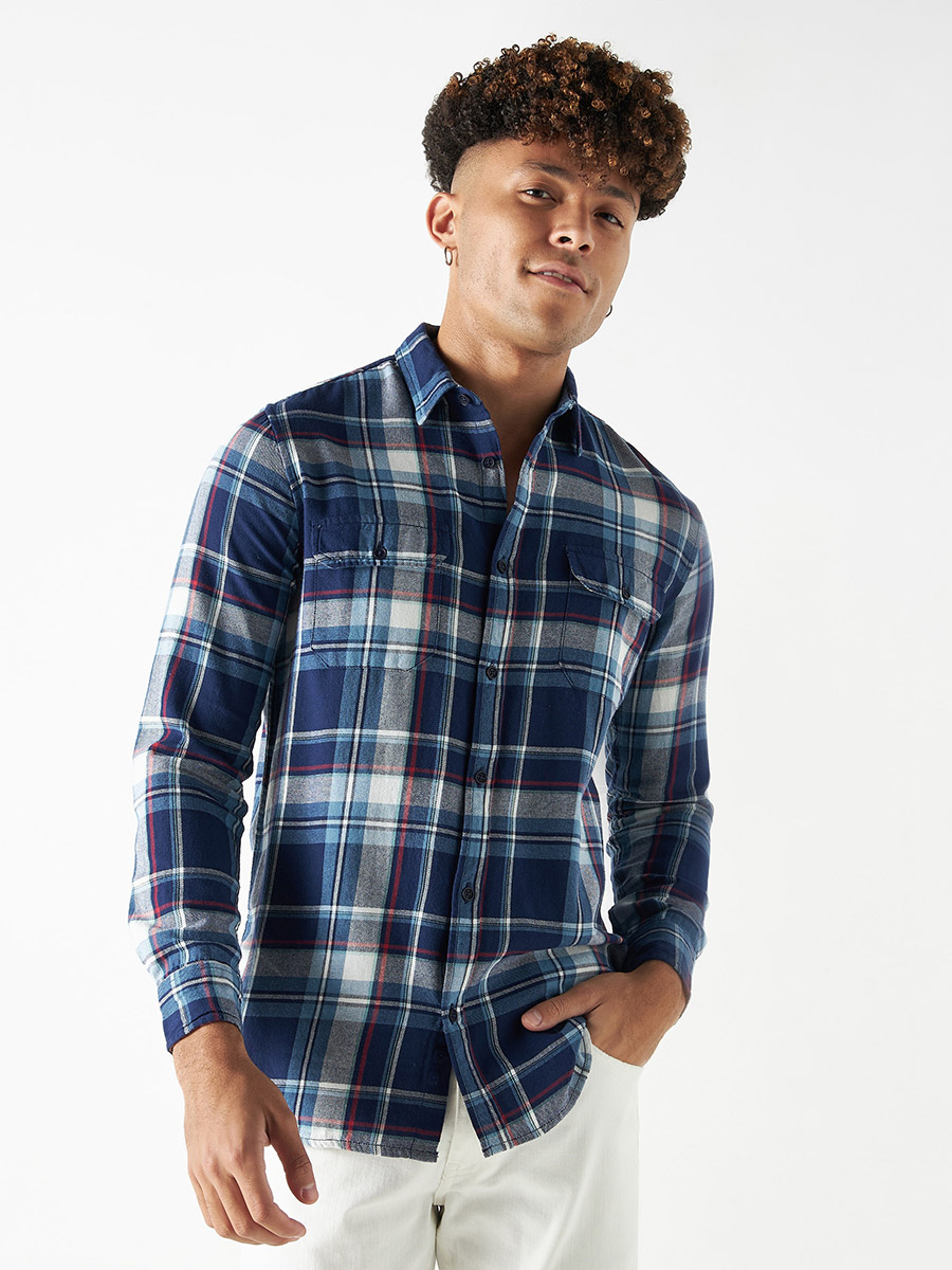 Flap Pocket Checked Shirt with Long Sleeves For Men at Saudi Styli
