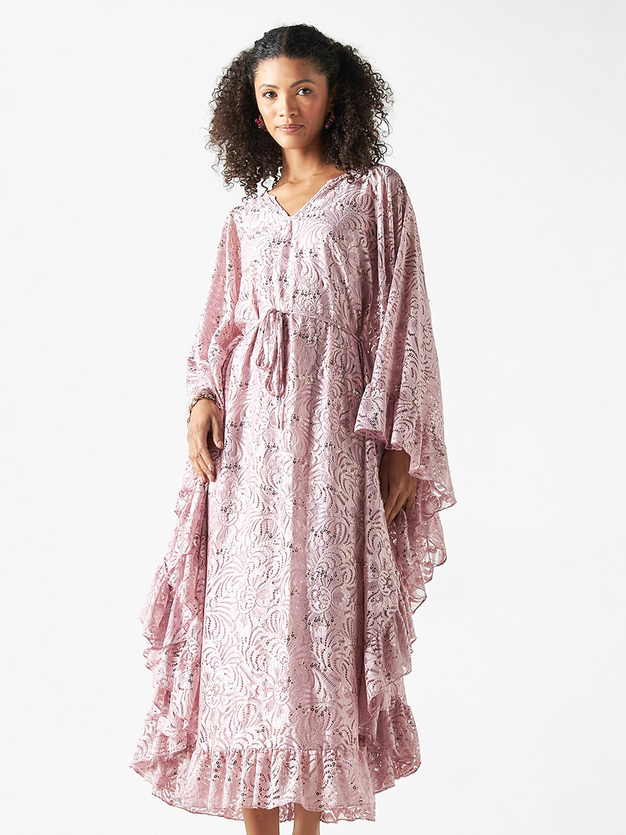 Buy All Over Lace Embellished Kaftan Dress with Tie-Up Belt Pink 