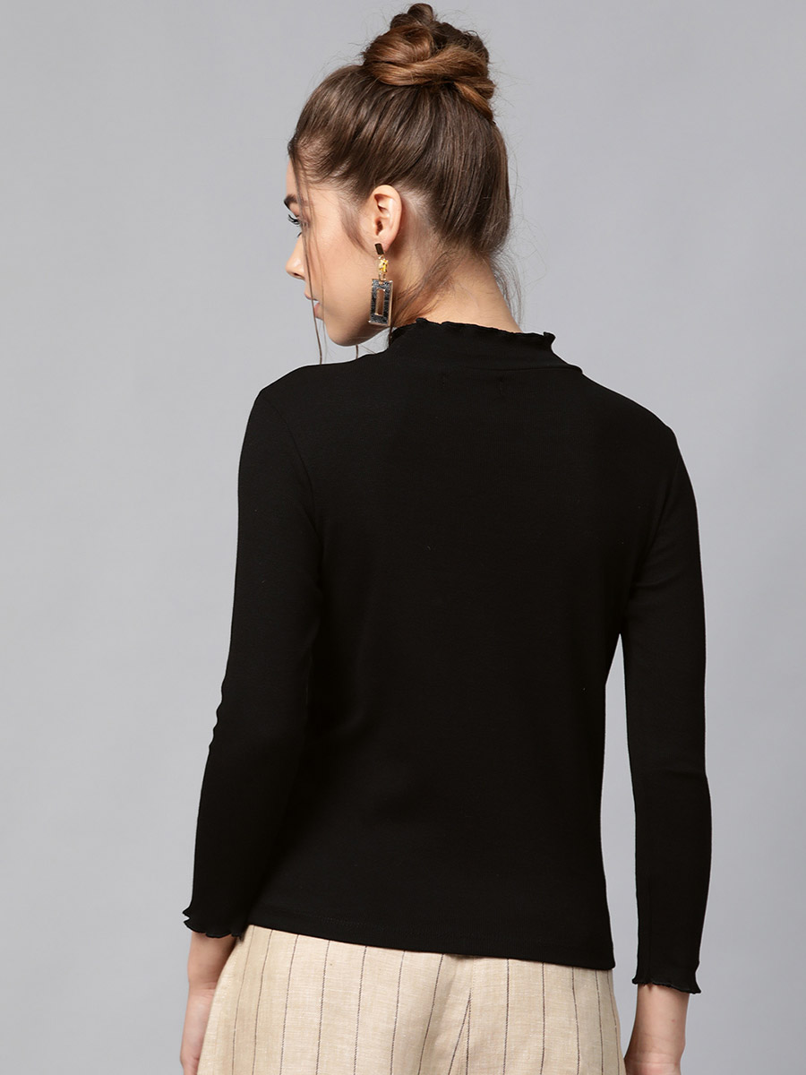 Buy Ribbed High Neck Top with Long Sleeves Black For Women