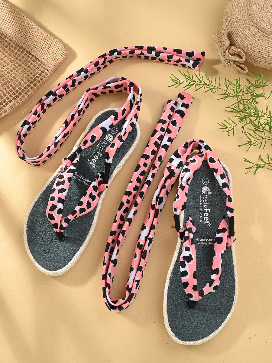 Printed V Strap Ankle Tie Up Flat Sandals For Women at UAE Styli