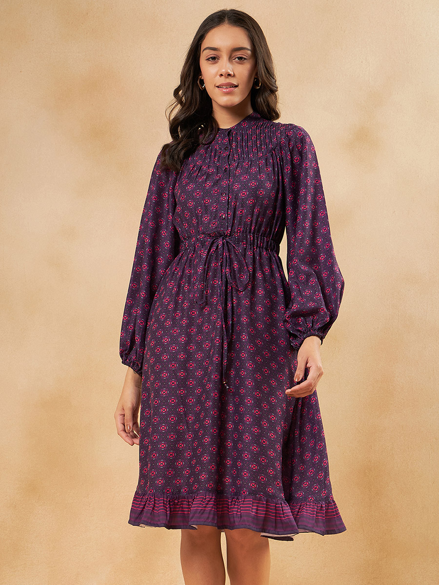 【Bellialeu】24fw Sendia dress Buy All Over Print Tie Up Detail Knee Length Dress Purple