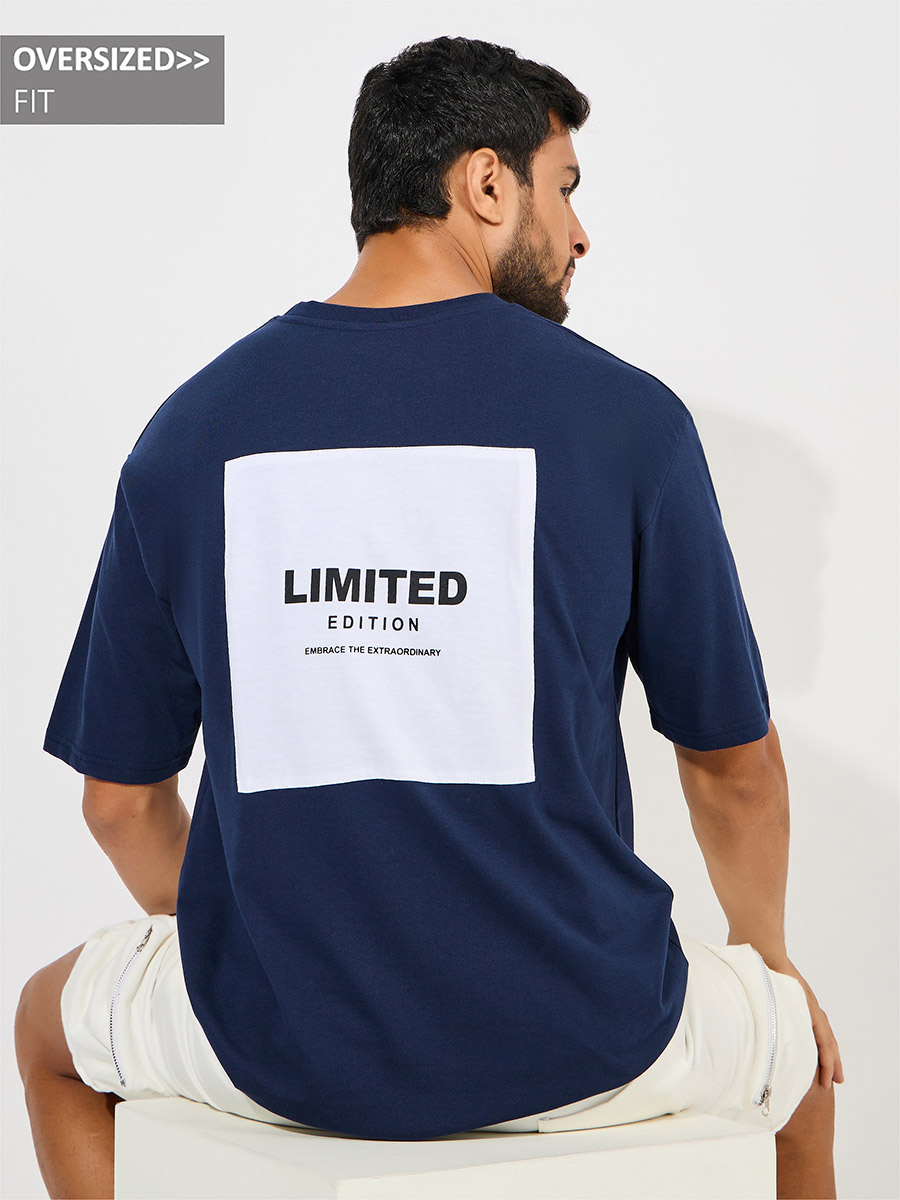 Buy Back Patch Print Oversized T-Shirt Navy Blue For Men
