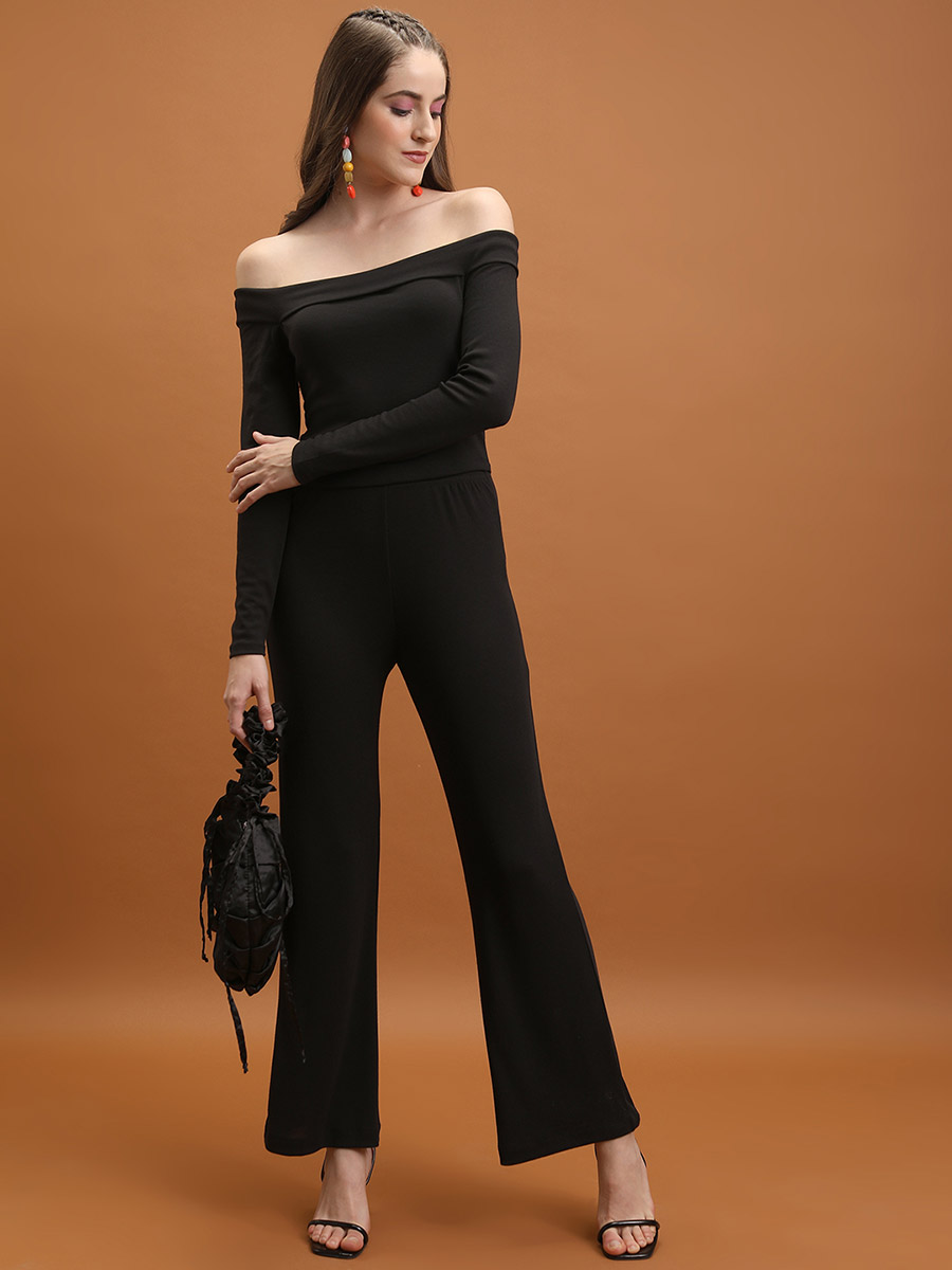Solid Off Shoulder Top and Flared Pants Co-Ord For Women at