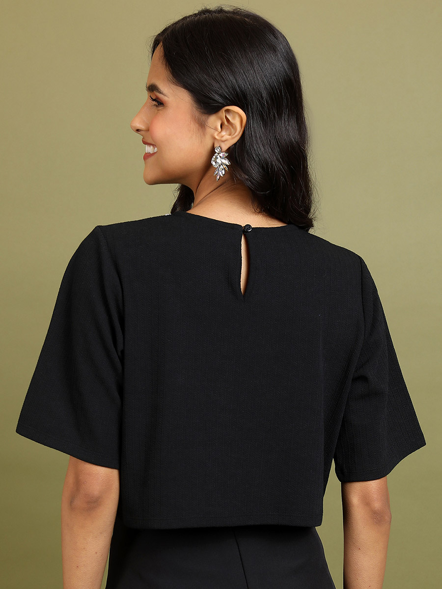Buy Boxy Fit Embellished Neck Ribbed Crop Top Black For