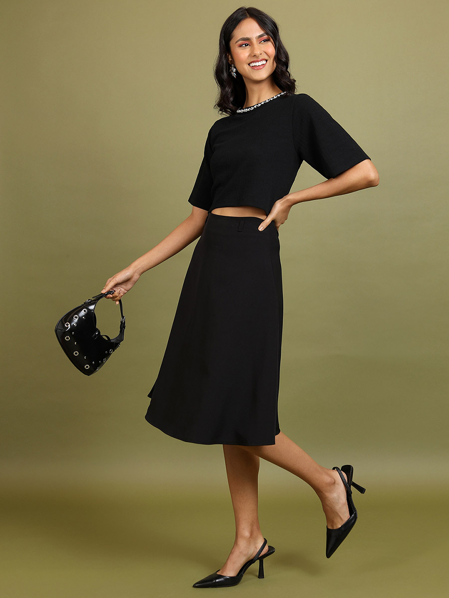 Buy Boxy Fit Embellished Neck Ribbed Crop Top Black For
