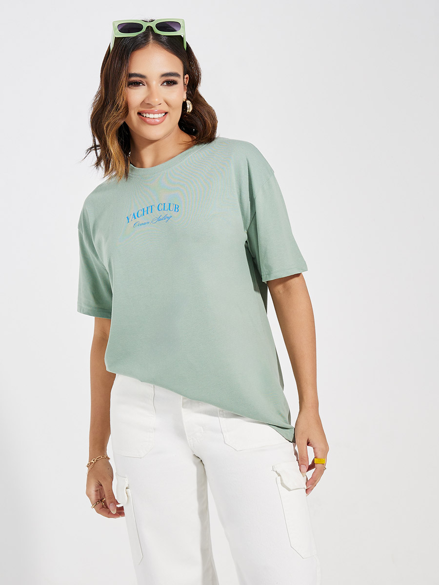 Buy Oversized Yacht Club Graphic Short Sleeves T-Shirt Green