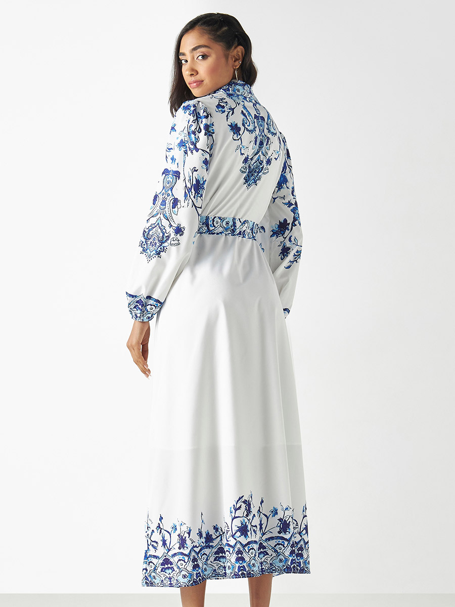 Buy All Over Floral Print Shirt Dress with Tie Up Belt White
