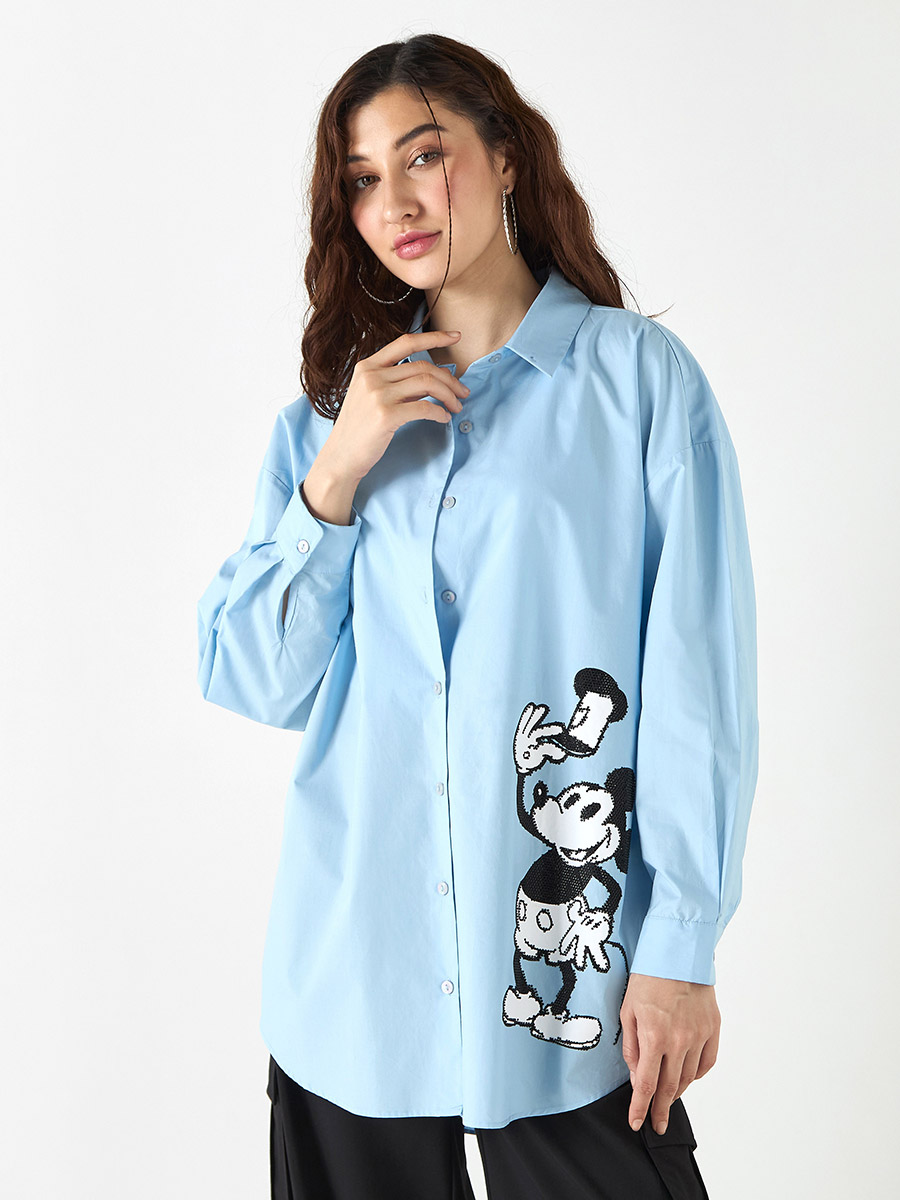 Embellished Mickey Mouse Print Oversized Shirt For Women at