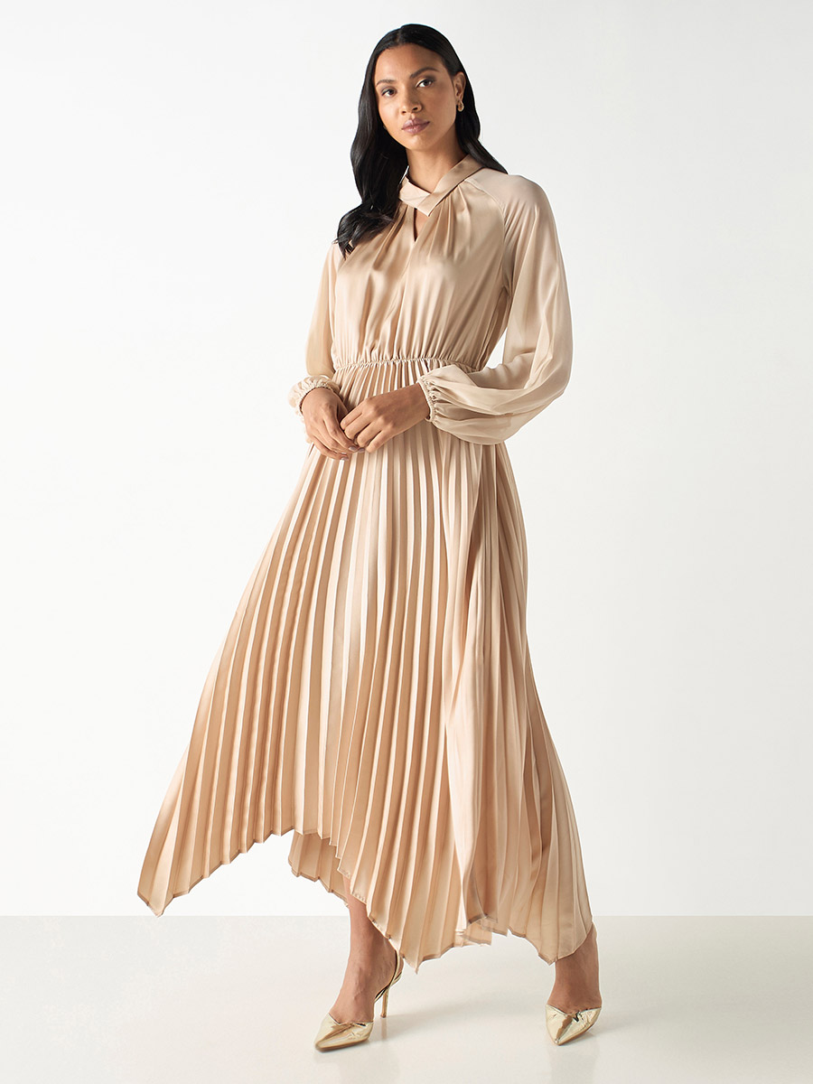 Satin Pleated Maxi Asymmetric Dress with Long Sleeves For Women at
